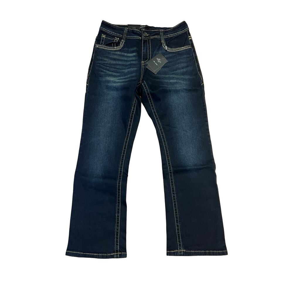 LAMASINI Mens Jeans 33x30 Dark Blue Modern Boot Cut Contrast Stitch Denim NWT